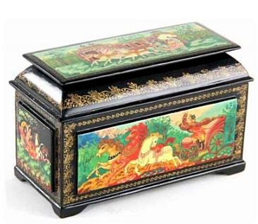 Antique Russian Lacquered Jewelry Box, signed or initialed by the artist